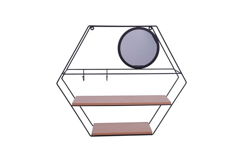 Estante decorativo de pared 51.5 x 10 x 45 cm Concepts, estructura hexagonal negra con dos repisas de madera y un espejo