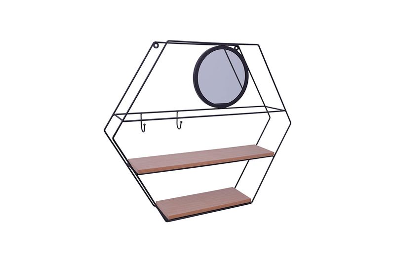 Estante decorativo de pared 51.5x10x45 cm Concepts, vista en ángulo con estructura negra, espejo circular y repisas madera