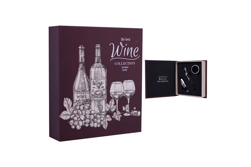Juego de accesorios para bar 4 piezas Wine Collection Sinsa, caja cerrada y abierta con los accesorios en su interior