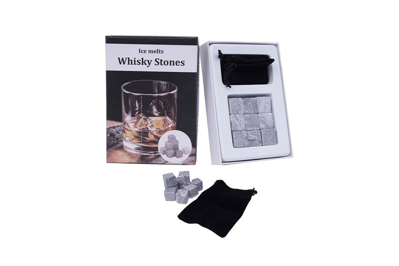 Juego de accesorios para bar 10 piezas 15.3 x 10.8 x 2.9 cm SINSA, piedras de whisky grises fuera de su caja y bolsa negra