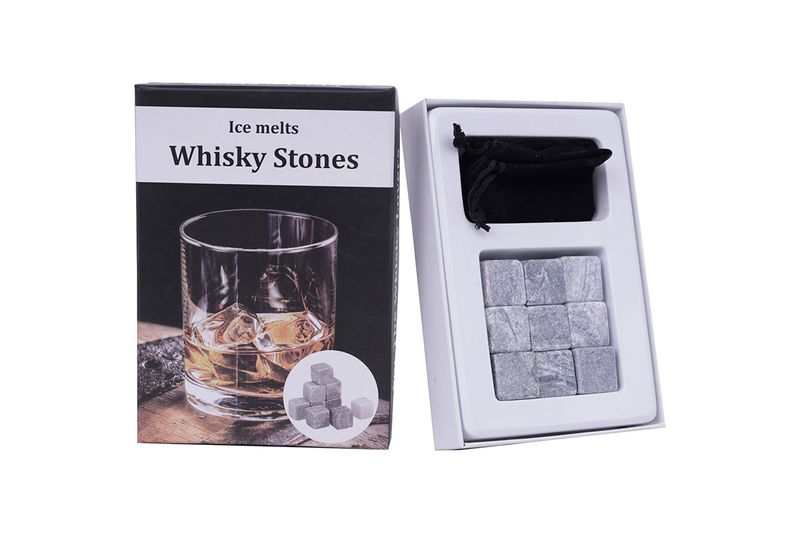 Juego de accesorios para bar 10 piezas 15.3 x 10.8 x 2.9 cm Sinsa, piedras de whisky grises en caja blanca y empaque negro