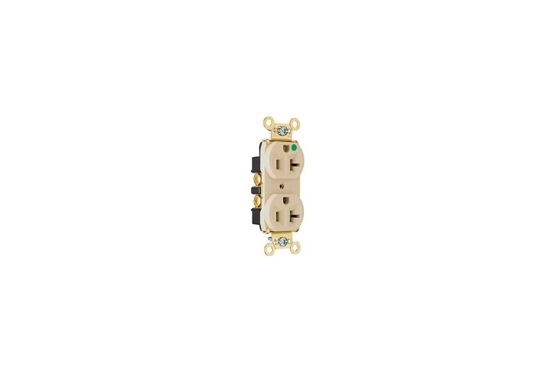 Toma hembra doble polar 20 A 125 V blanco hospital P&S Bticino, vista frontal del dispositivo con terminales laterales