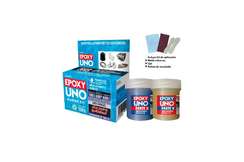 Adhesivo epoxy Uno marino kit 100 g Fusion Epoxy, caja azul con dos botes de resina y accesorios de aplicación