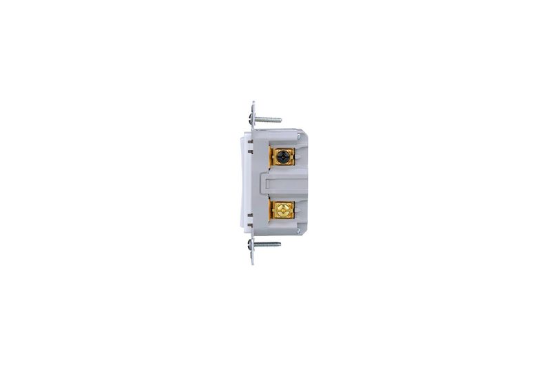 Interruptor Decora residencial Wi-Fi 120 V 15 Amp blanco Eaton, vista lateral donde se aprecian los bornes y tornillos