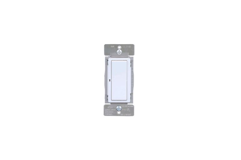 Interruptor Decora residencial Wi-Fi 120 V 15 amp blanco Eaton, vista frontal completa incluyendo el soporte metálico