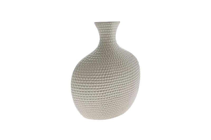 Florero decorativo 17 x 7.5 x 20 cm cerámica Concepts, vista frontal del cuerpo redondeado con textura de puntos en relieve