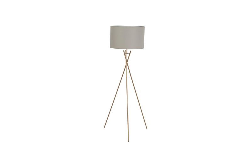 Lámpara de pedestal Londres de tela gris Concepts, vista frontal con pantalla cilíndrica y base de trípode dorada
