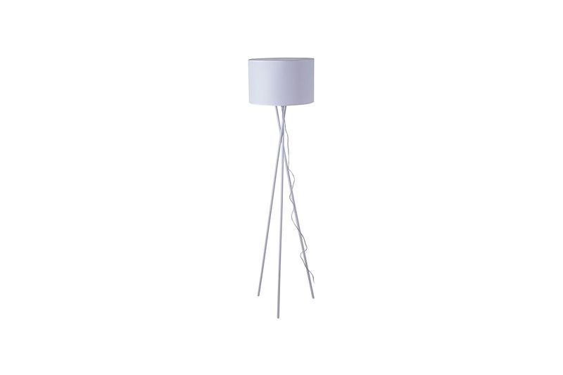 Lámpara de pedestal Asia de tela blanca Concepts, vista frontal con pantalla cilíndrica y base de trípode blanca
