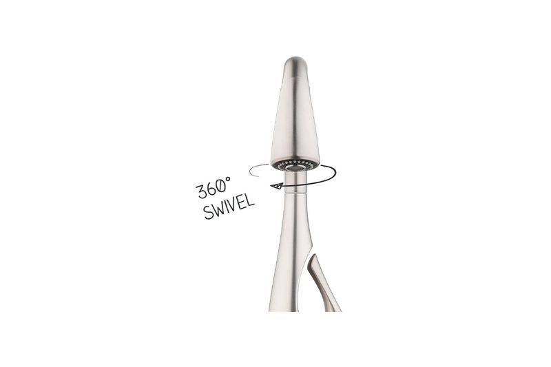 Llave para pantry monomando de palanca extraíble con dispensador Indira satín Pfister, detalle del giro 360 grados