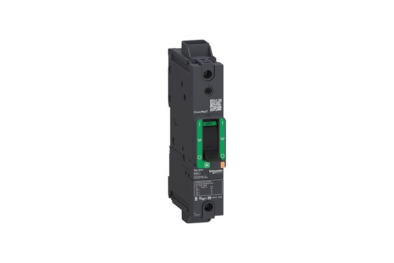 Main breaker 1x15 amp 18 kA 480 V Marco B Square D, vista frontal del interruptor negro con palanca de accionamiento verde