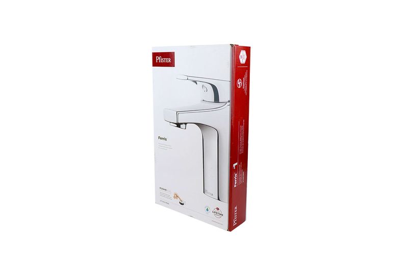 Llave para lavamanos monomando baja Ferris Pfister, presentada en su caja blanca y roja con ilustración del producto