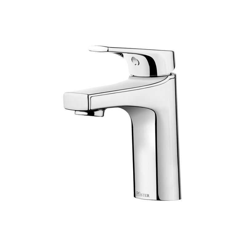 Llave para lavamano monomando baja Ferris Pfister, vista lateral del grifo en acabado cromado brillante
