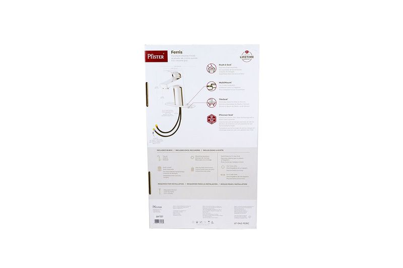 Llave para lavamanos monomando baja Ferris Pfister, empaque frontal con ilustraciones técnicas y accesorios incluidos