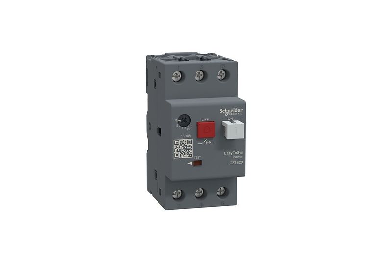 Guardamotor 13-18A EasyPact TVS Square D, vista frontal del dispositivo eléctrico gris con perilla blanca y botón rojo