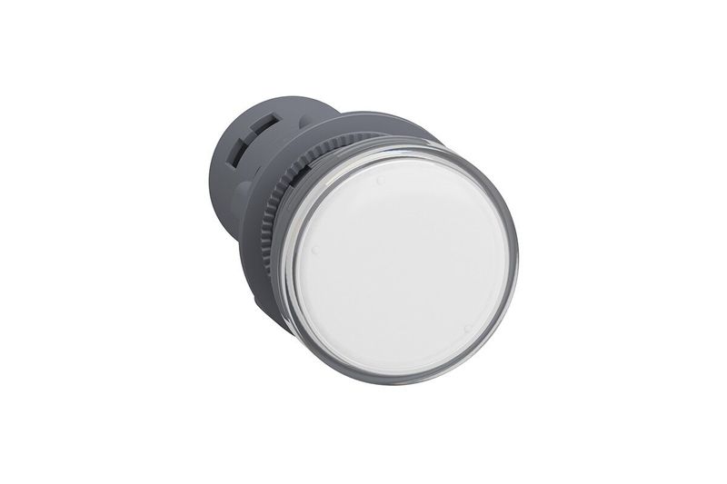 Luz piloto 22 mm XA2 LED blanco 110V Square D, vista frontal diagonal del lente blanco y cuerpo gris
