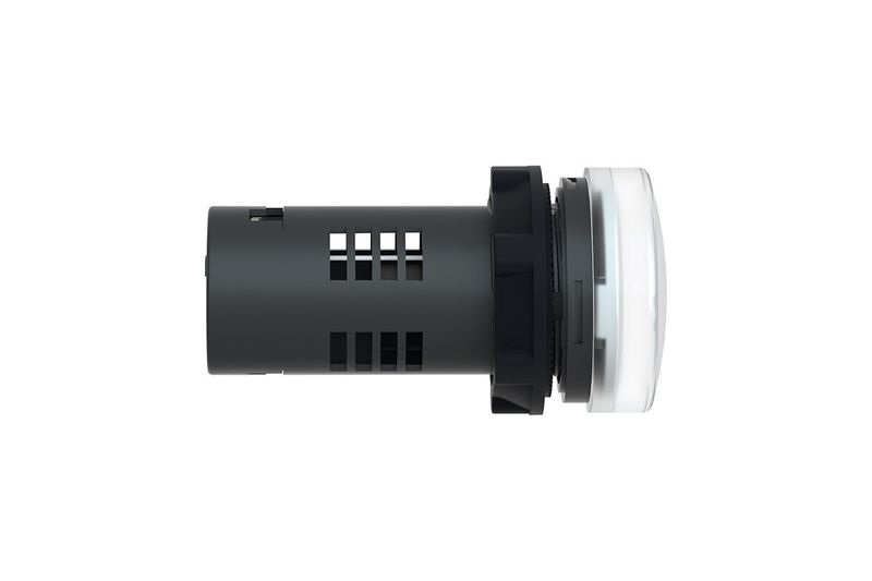 Luz piloto 22 mm XA2 LED blanco 110V Square D, vista lateral del cuerpo gris y el lente blanco