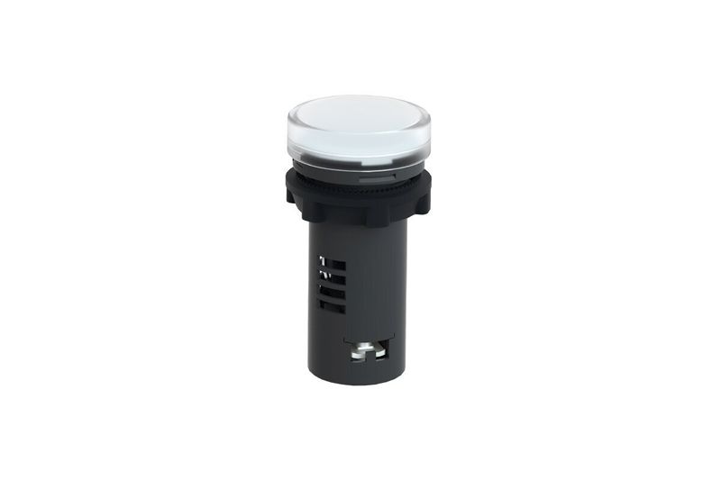 Luz piloto 22 mm XA2 LED blanco 110V Square D, vista frontal del cuerpo cilíndrico negro y lente blanca