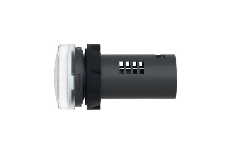 Luz piloto 22 mm XA2 LED blanco 110 V Square D, vista lateral del cuerpo negro y lente blanco