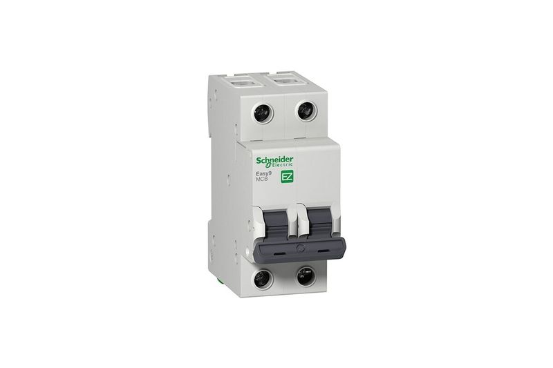 Automático Easy9 2P 16A 220V Square D, vista frontal del interruptor termomagnético blanco con dos palancas negras