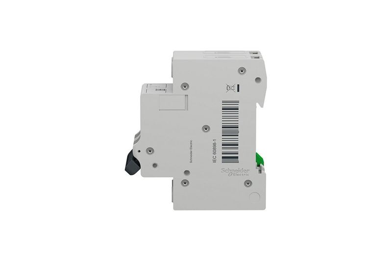 Automático Easy9 2P 16A 220V Square D, vista lateral del cuerpo blanco con código de barras y logotipo de Schneider Electric