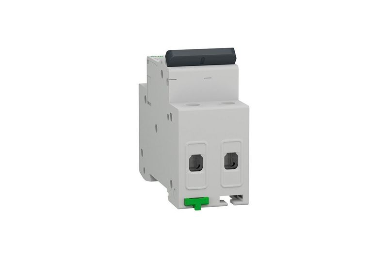 Automático Easy9 2P 16A 220V Square D, vista lateral del dispositivo en color blanco con palanca verde inferior
