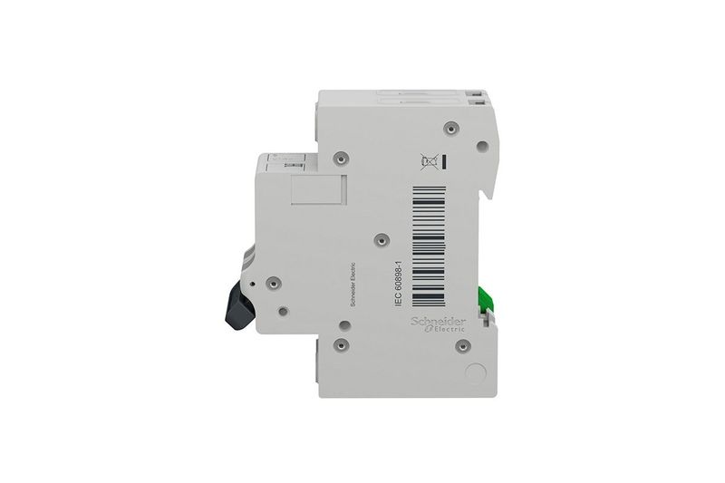 Automático Easy9 2P 25A 220V Square D, vista lateral del cuerpo plástico blanco con código de barras y marca Schneider