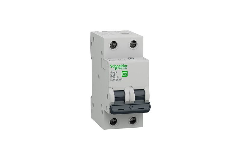 Automático Easy9 2P 25 A 220 V Square D, vista frontal del dispositivo eléctrico blanco con palancas de accionamiento