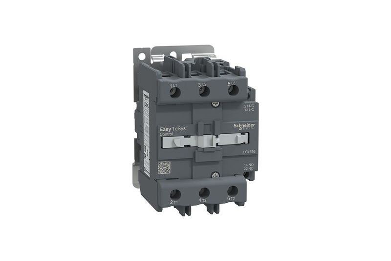Contactor 3P 95A 220VAC Square D, vista frontal del dispositivo eléctrico gris con terminales de conexión y marca Schneider