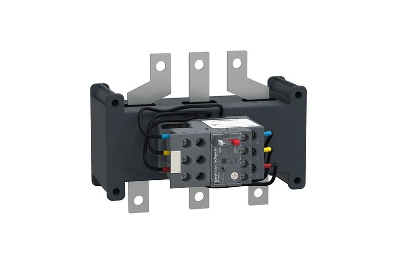 Relé de sobrecarga térmico 84-135 A Tesys E Square D, vista frontal del componente eléctrico con bornes y cables negros