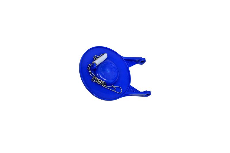 Pera rana azul para inodoro de 3 pulgadas Coflex, vista superior del sello con cadena y herraje metálico
