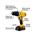 Taladro inalámbrico Pretul de 1/2 pulgada y 20 V, infografía con flechas señalando sus partes y funciones