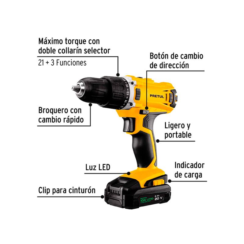 Taladro inalámbrico Pretul de 1/2 pulgada y 20 V, infografía con flechas señalando sus partes y funciones