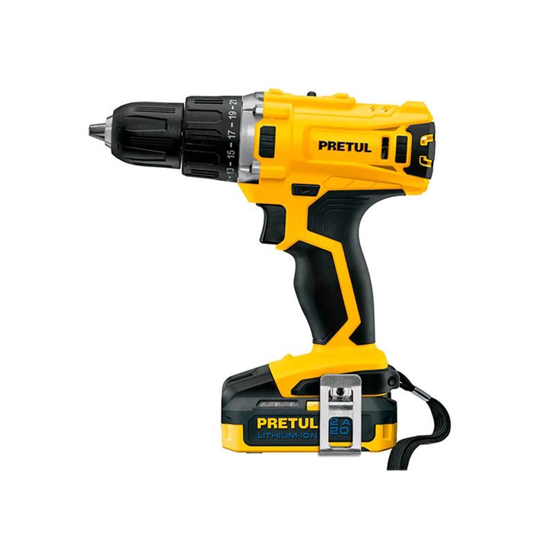 Taladro inalámbrico Pretul de 1/2 pulgada y 20 V, vista lateral en color amarillo y negro con batería instalada