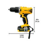 Taladro inalámbrico Pretul de 1/2 pulgada y 20 V, perfil lateral amarillo y negro con medidas de alto y largo indicadas