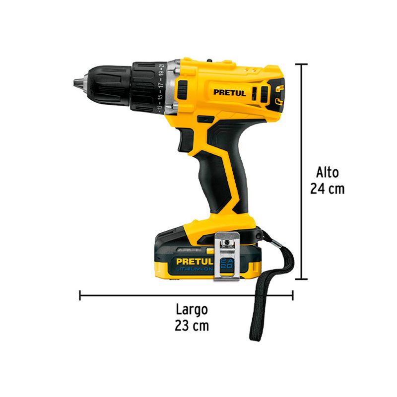 Taladro inalámbrico Pretul de 1/2 pulgada y 20 V, perfil lateral amarillo y negro con medidas de alto y largo indicadas