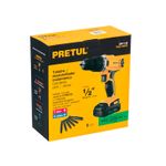 Taladro inalámbrico Pretul de 1/2 pulgada y 20 V, caja amarilla con ilustración del equipo y accesorios