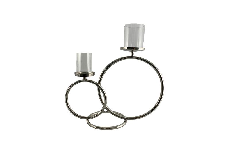 Porta vela decorativo 47.5x31x47 cm Concepts, vista lateral de los aros metálicos cromados y los vasos de vidrio