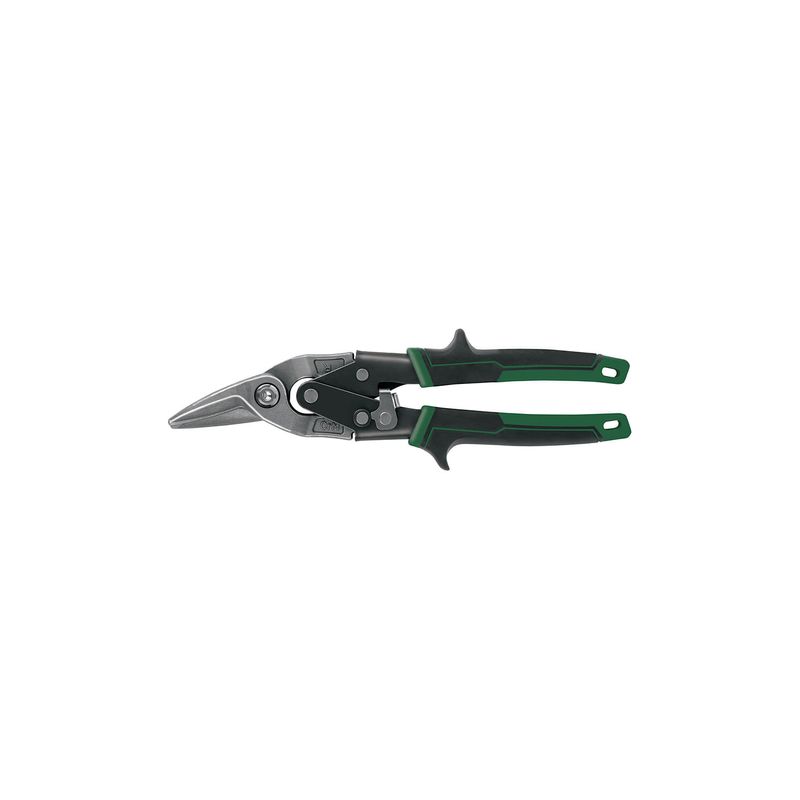 Tijera de aviación Truper de 10 pulgadas de corte derecho, vista lateral con mangos ergonómicos color verde y negro