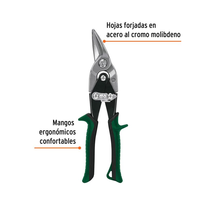 Tijera de aviación Truper de 10 pulgadas de corte derecho, vista frontal con etiquetas informativas sobre sus materiales