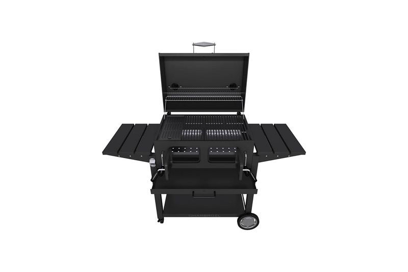 Barbacoa de carbón con ruedas Deluxe C-Line 870 negro Char-Broil, vista frontal con tapa abierta y mesas laterales extendidas