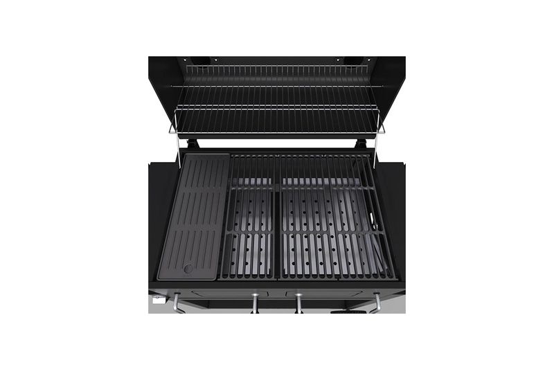 Barbacoa de carbón con ruedas Deluxe C-Line 870 negro Char-Broil, vista superior abierta con parrillas y plancha