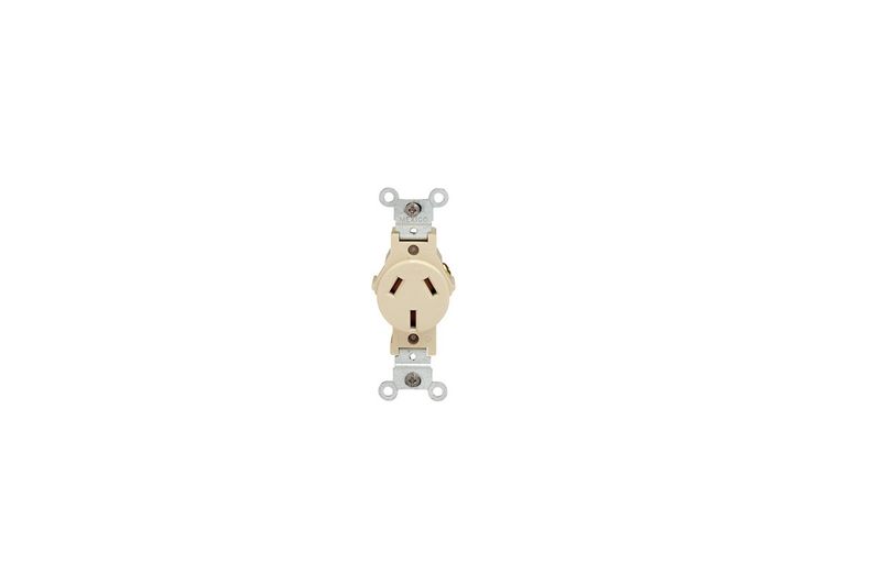 Toma hembra sencillo NEMA 10-20R 20 amp marfil Leviton, vista frontal del dispositivo con sus terminales metálicas