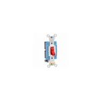Interruptor sencillo palanca 1 polo 15 amp 120/277 V rojo Leviton, vista frontal con palanca roja y base metálica