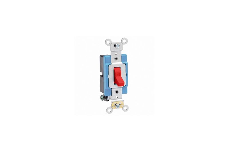 Interruptor sencillo palanca 1 polo 15 amp 120/277 V rojo Leviton, vista frontal con palanca roja y base metálica