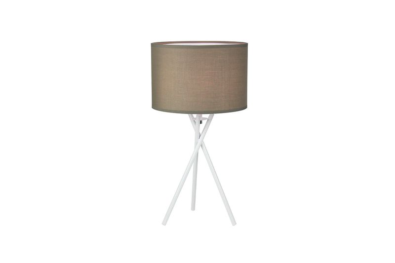 Lámpara de pedestal Paola 41 cm de tela bronce/blanco Concepts, vista frontal con pantalla cilíndrica y base trípode blanca