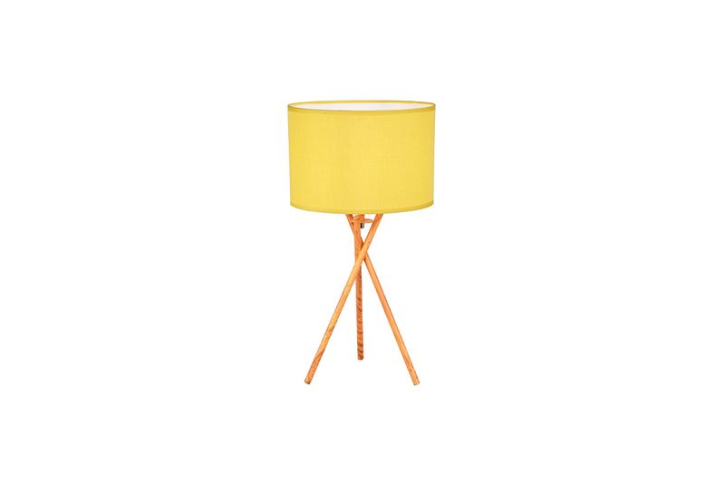 Lámpara de pedestal Paola 41 cm de tela amarillo y madera Concepts, vista frontal con pantalla cilíndrica y trípode