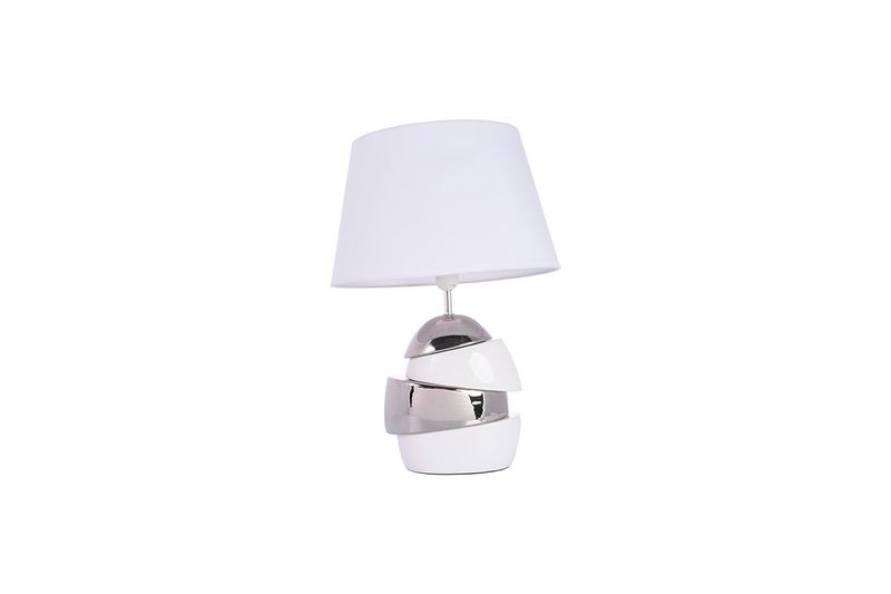 Lámpara de mesa cerámica geométrica blanca y plateada Concepts, vista frontal con pantalla blanca y base segmentada