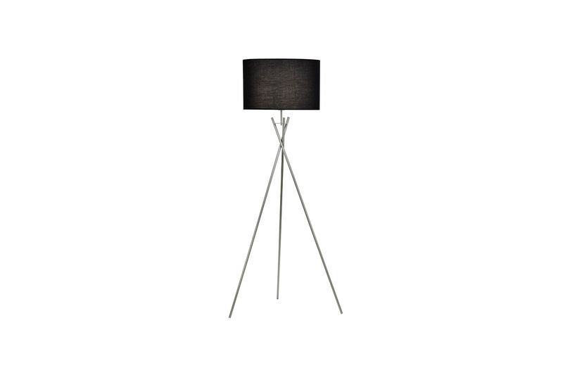 Lámpara de pedestal piso Paola 51 cm de tela negro/plateada Concepts, vista frontal con pantalla negra y base trípode