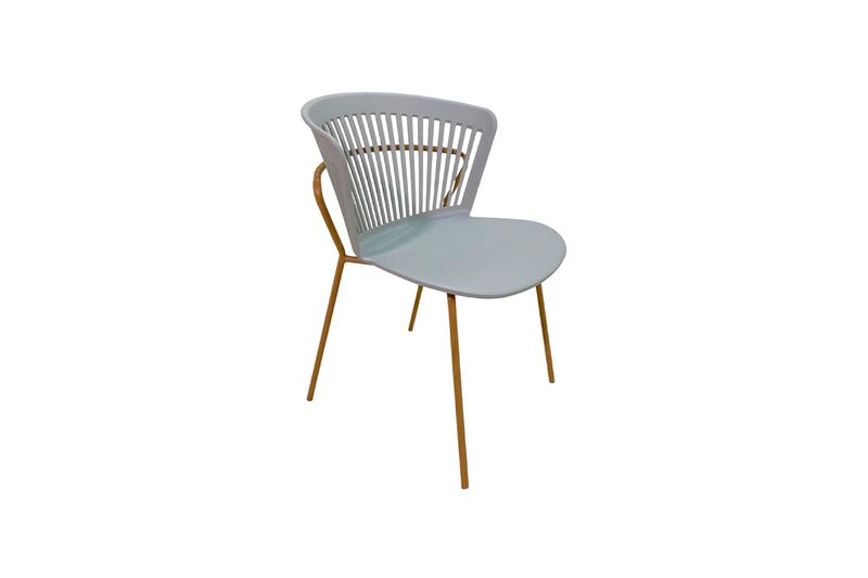 Silla plástico/metal Parana gris ACE, vista diagonal con asiento gris y patas metálicas color madera