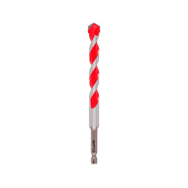 Broca de carburo Milwaukee de 1/2 x 4 pulgadas para concreto, vista frontal del cuerpo espiralado en color rojo